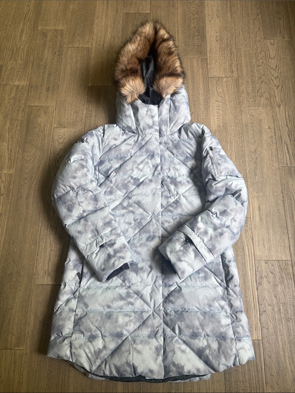 Eddie Bauer |Light Blue 80% Down Feathers Quilted Hooded Long Puffer Faux Fur LG